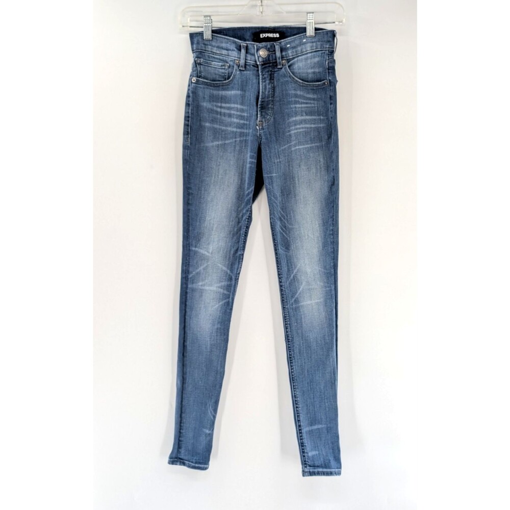 Express Denim Perfect High Rise Perfect Curves Dark Wash Faded Skinny Jeans 0Reg